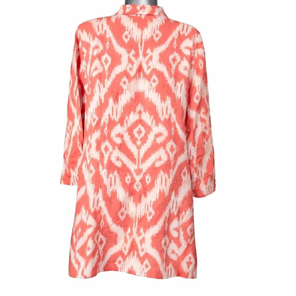 Chico's Size 3 Linen Ikat Open Front Jacket Coral White Boho Topper XL - Picture 2 of 4